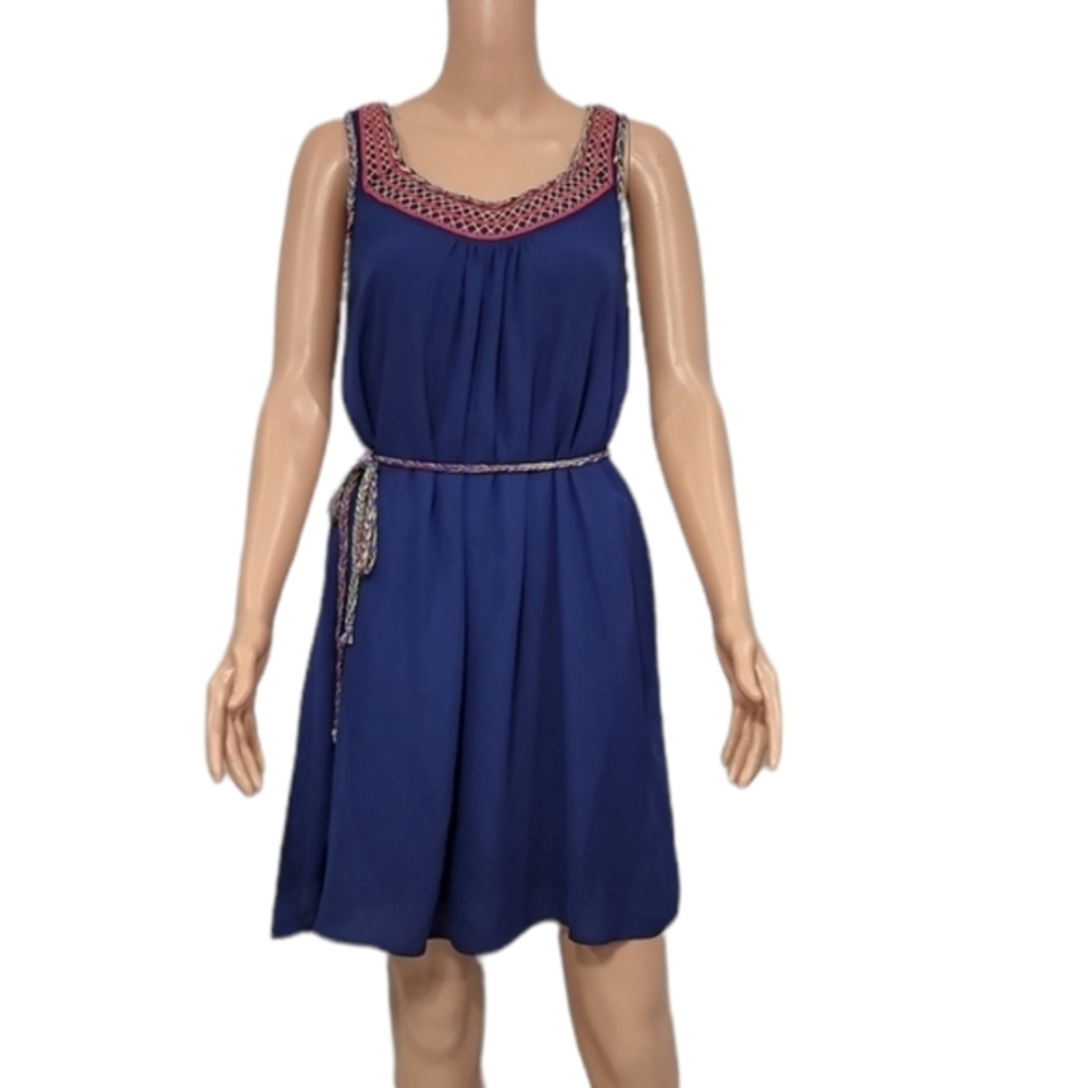 Esley Anthropologie NAVY BLUE SLEEVELESS EMBROIDERED BOHO DRESS rope belt SIZE M